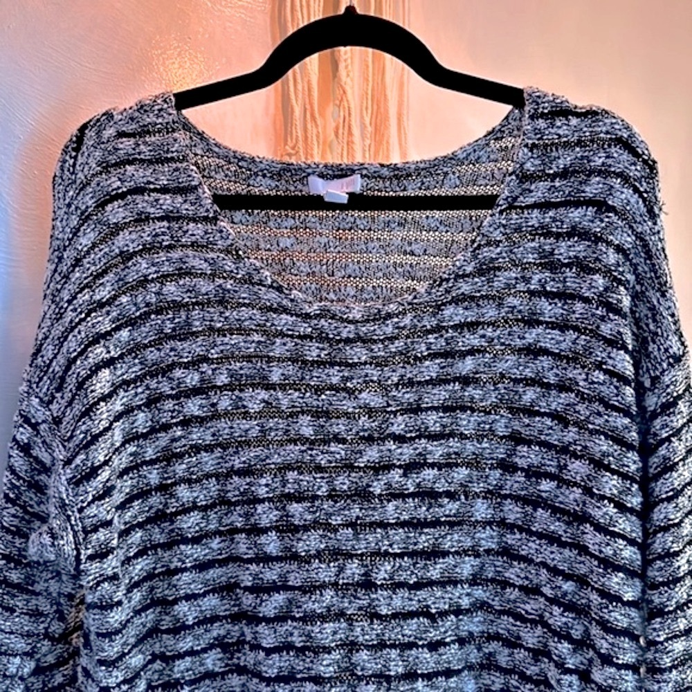 ⭐️J.JILL Varigate Striped Sweater, Black Marled, Sz. L, Crew Neck, 3/4 Sleeves 👓 - Picture 2 of 12